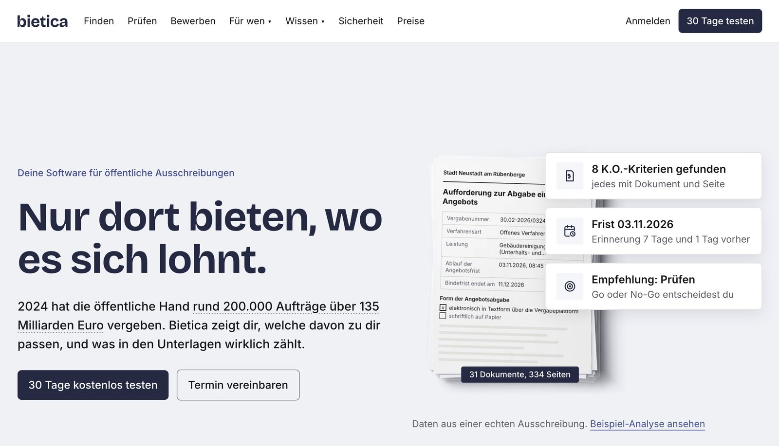Startseite von bietica.de: Nur dort bieten, wo es sich lohnt. Daneben eine Ausschreibung mit acht gefundenen K.O.-Kriterien, Frist und Empfehlung.