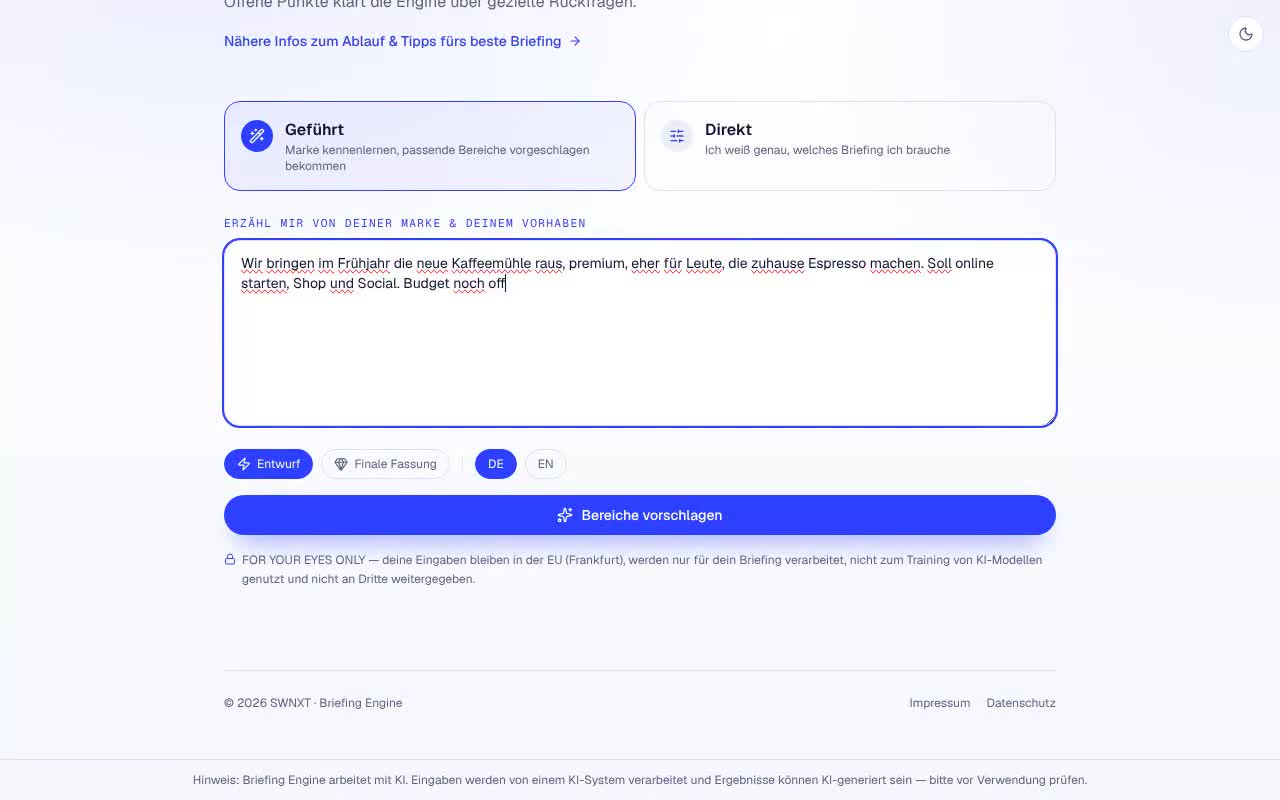 Startseite der Briefing Engine